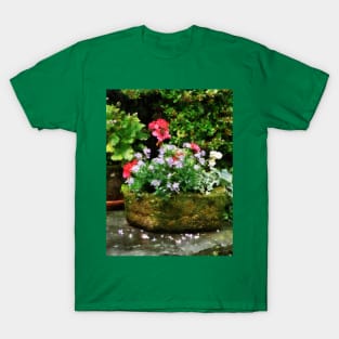 Geraniums and Lavender Flowers on Stone Steps T-Shirt